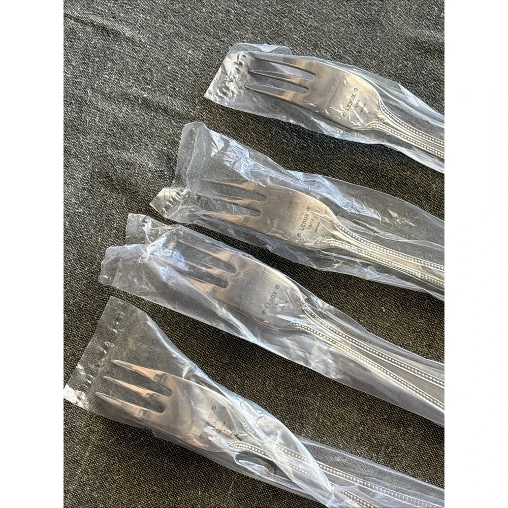 NEW Lenox BEAD‎ Stainless Flatware 4X Cocktail FORKS Plume Tip Beaded 18/10